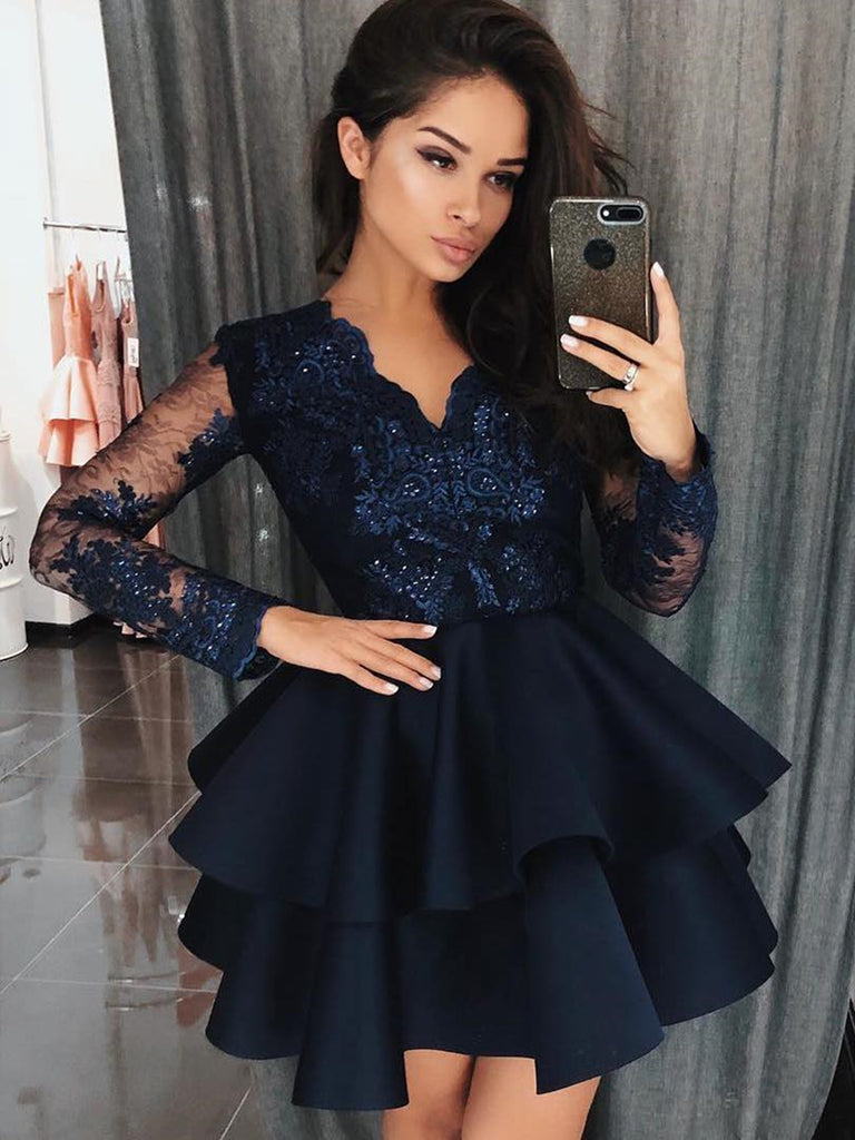 Long Sleeves Short Navy Blue Lace Prom ...